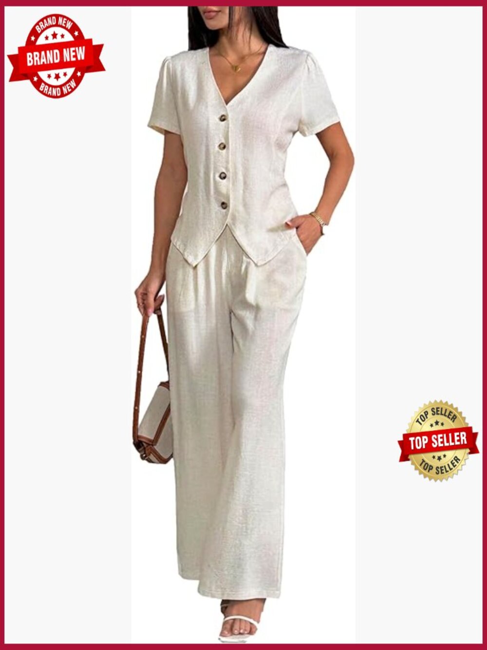 Linen 2 Piece Outfits Summer Short Sleeve V Neck Shirt Dressy Casual Wide Leg